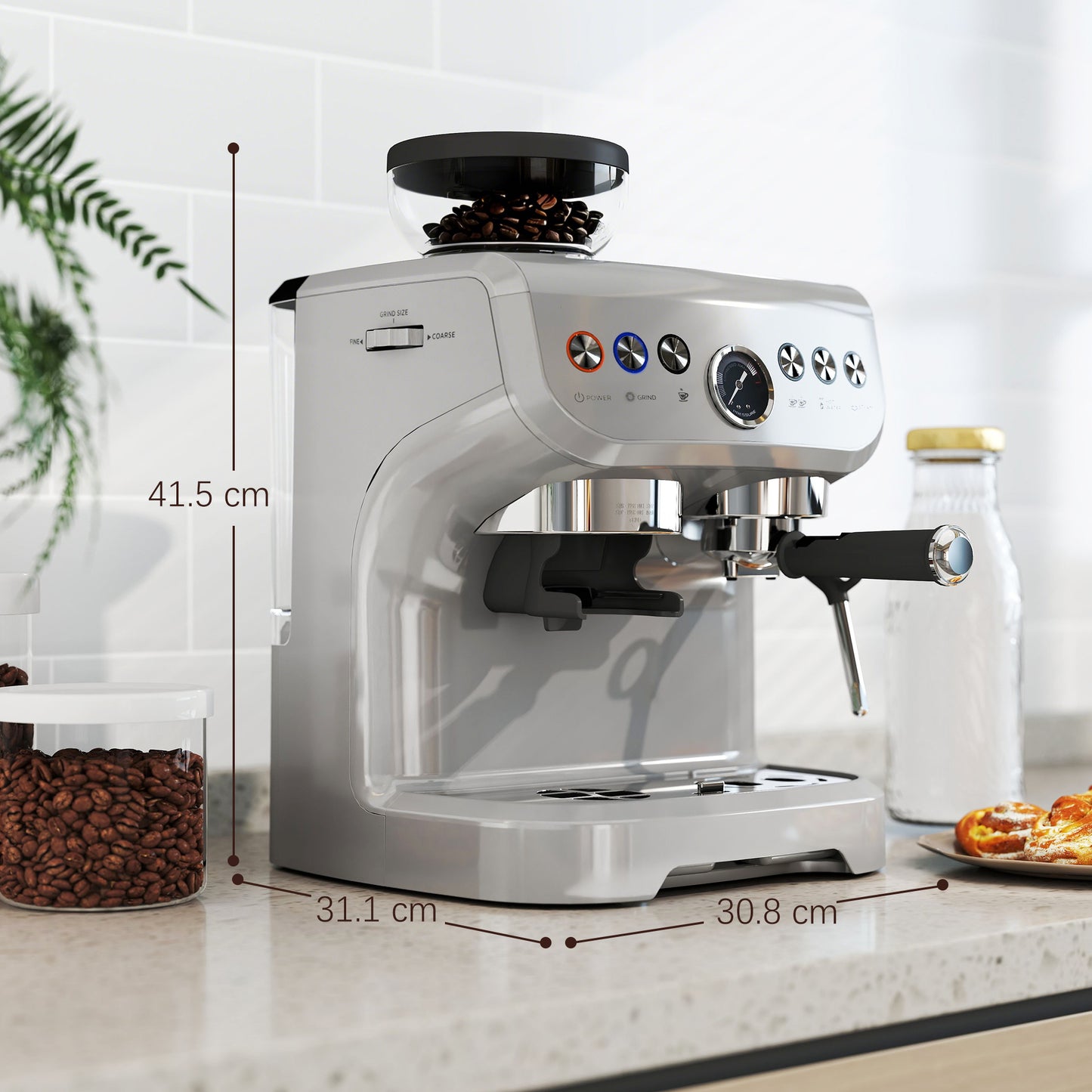Espresso Machine, Bean Grinder & Steam Wand, 15 Bar Pressure, Silver.
