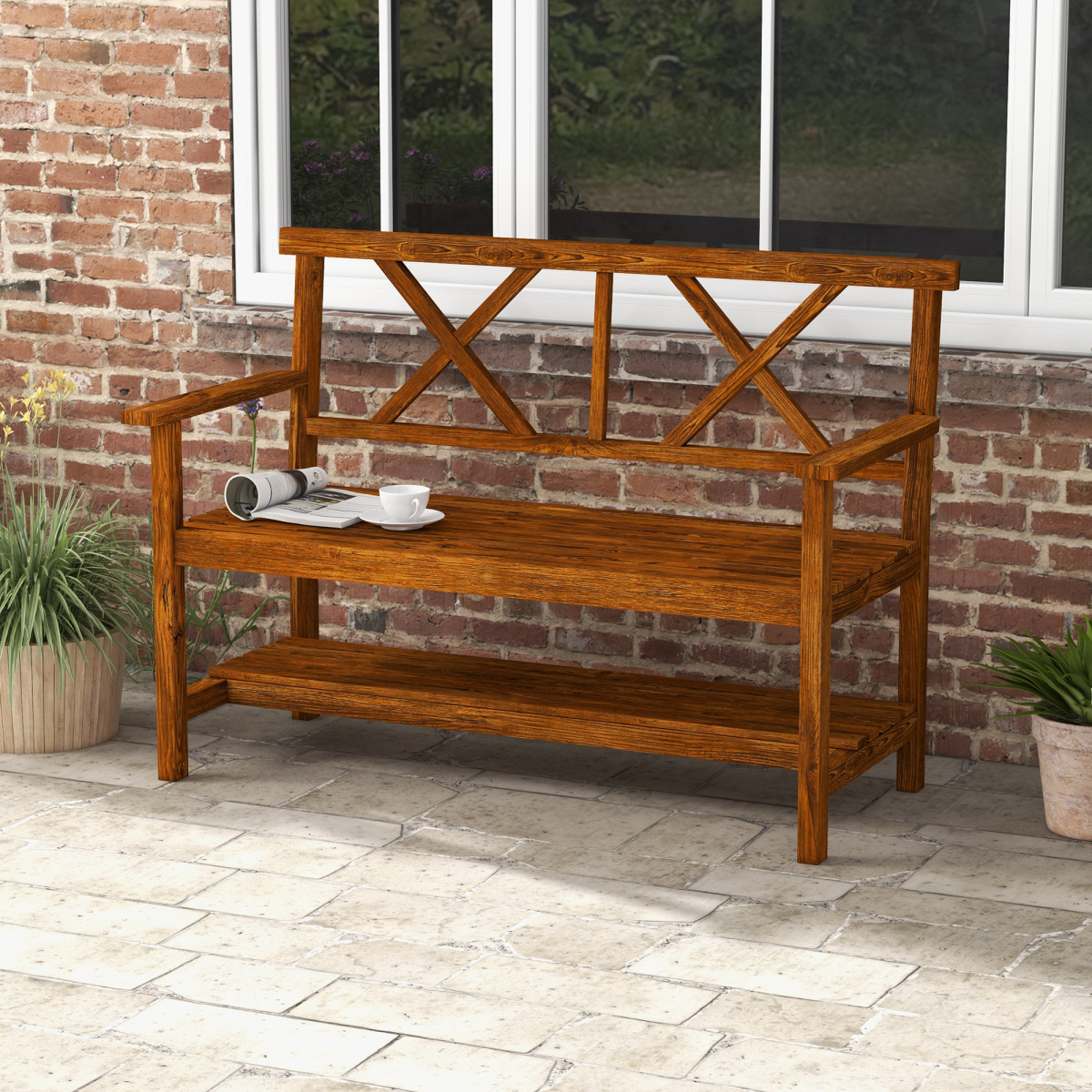 Outsunny 2-Seater Outdoor Wooden Garden Bench with Storage Shelf, Carbonized