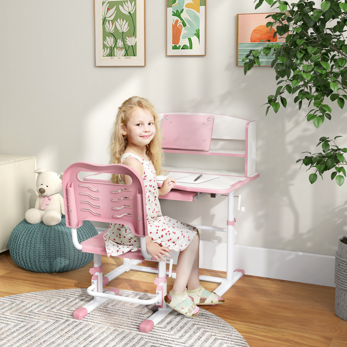 Kids Desk & Chair Set with Bookshelf - Pink, Ages 6-12