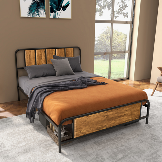 Industrial Steel Double Bed Frame with Headboard - Space-Saving Vintage Style