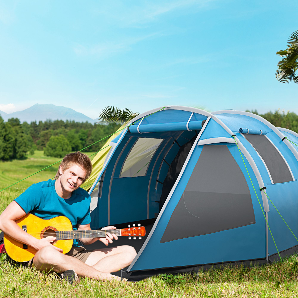 3-4 Person Dual Room Tunnel Tent with Ventilated Windows - Blue