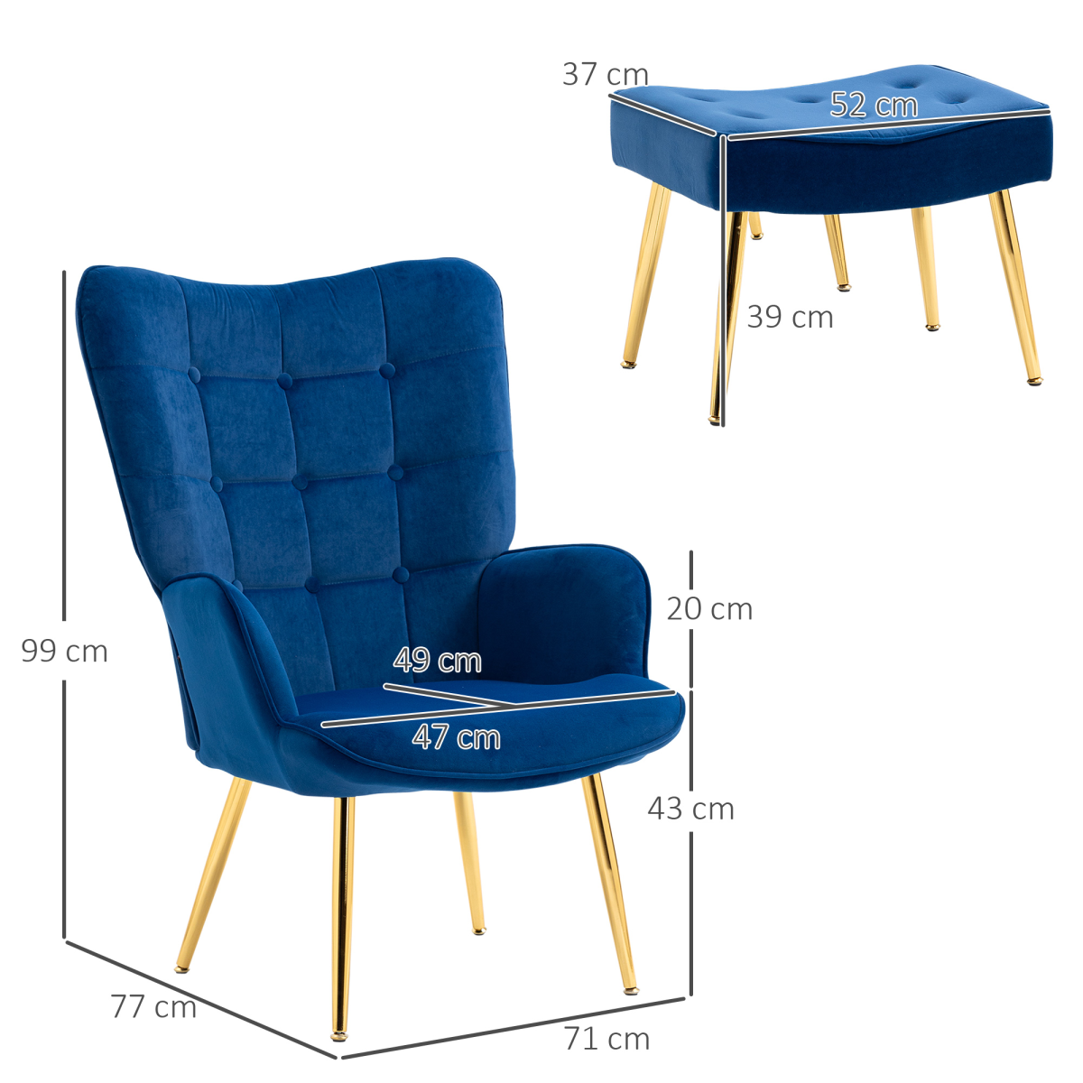 Opulent Velvet Tufted Armchair & Footstool with Gold Legs - Dark Blue