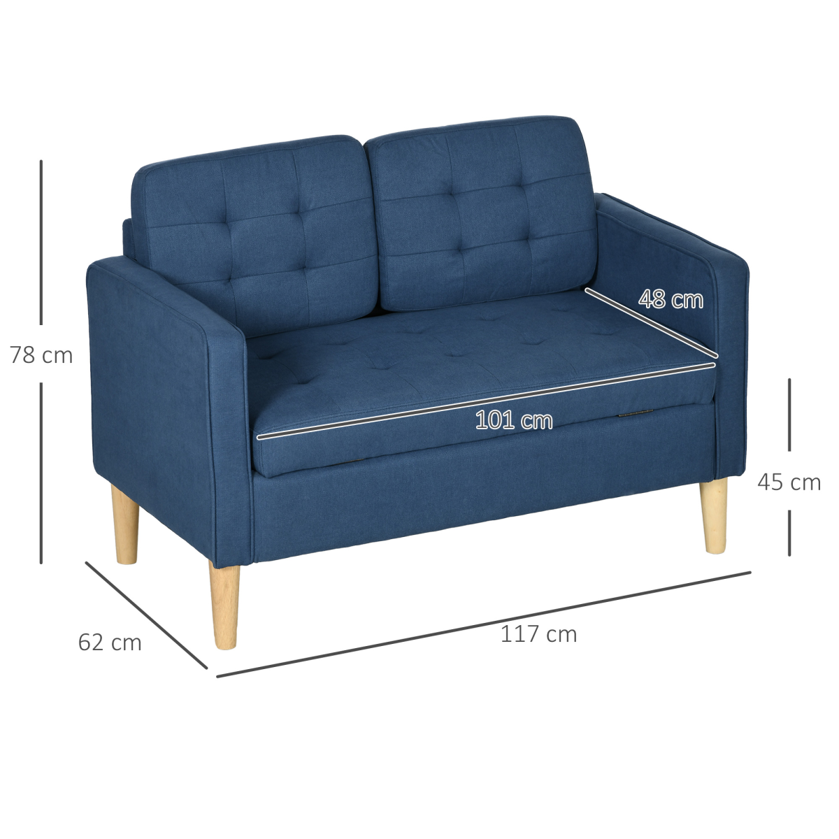 Compact Loveseat Sofa 2 Seater Sofa with Storage and Wood Legs Blue