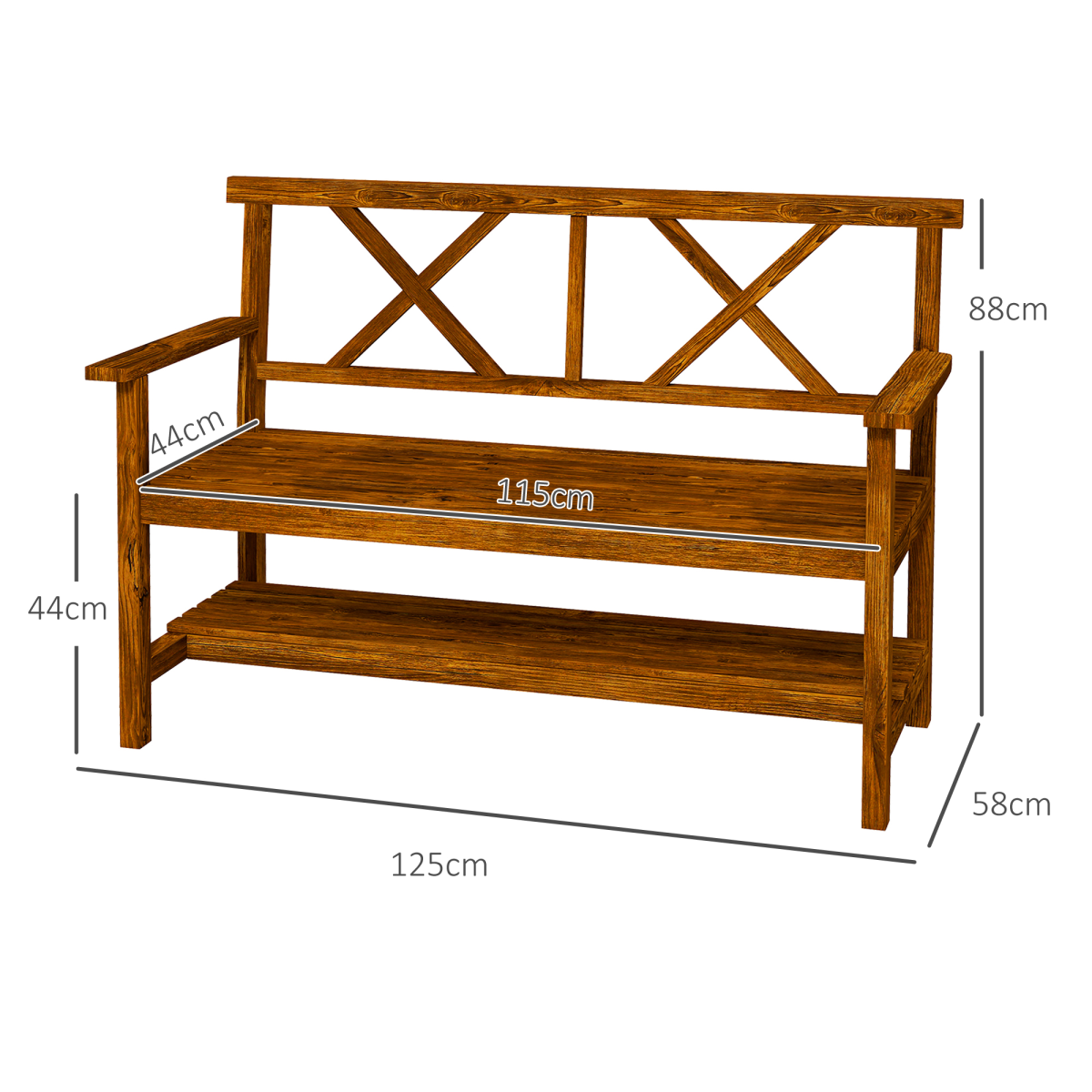 Outsunny 2-Seater Outdoor Wooden Garden Bench with Storage Shelf, Carbonized