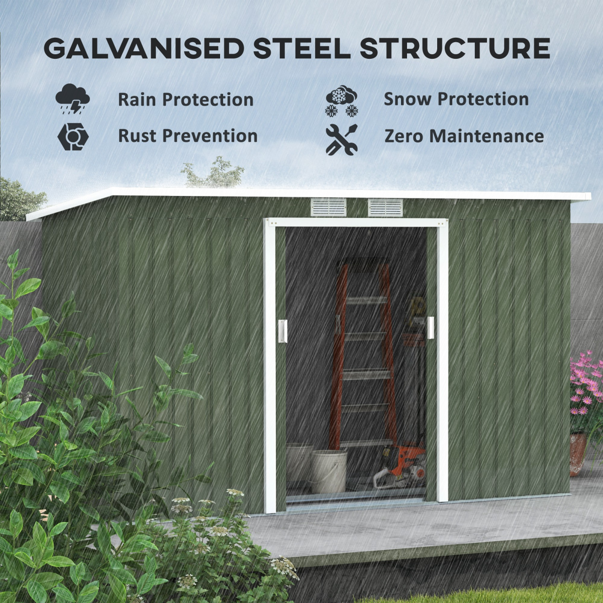 Galvanized Steel Garden Shed with Ventilated Double Doors 9ft x 4.25ft