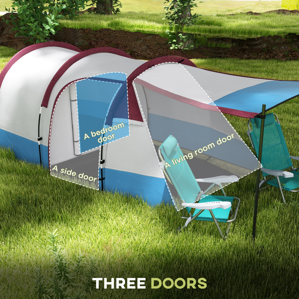 Outsunny 2-3 Person Family Camping Tunnel Tent with Living Room & Porch