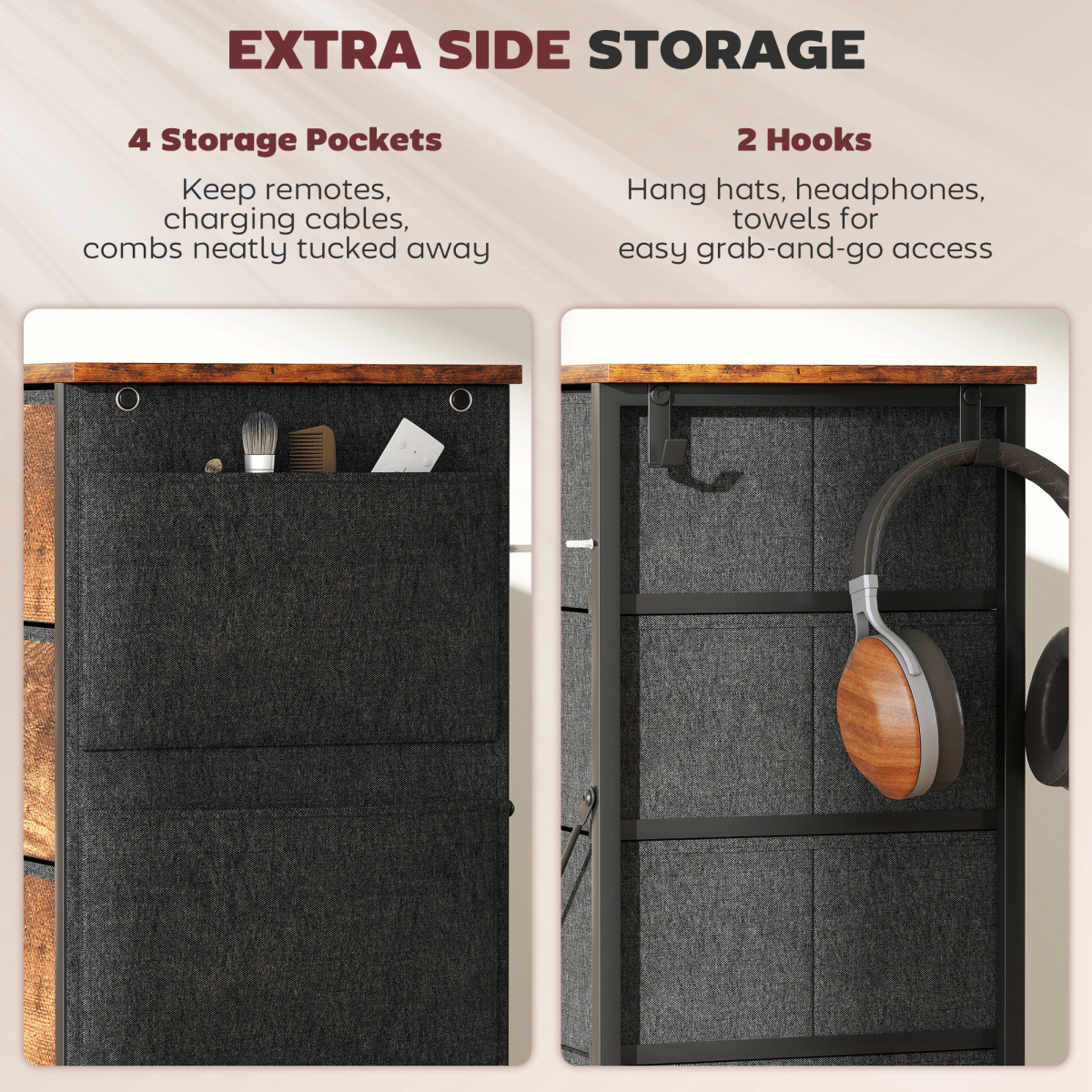 Rustic Wood Storage Chest with Multi-Drawer Organizer and Hooks
