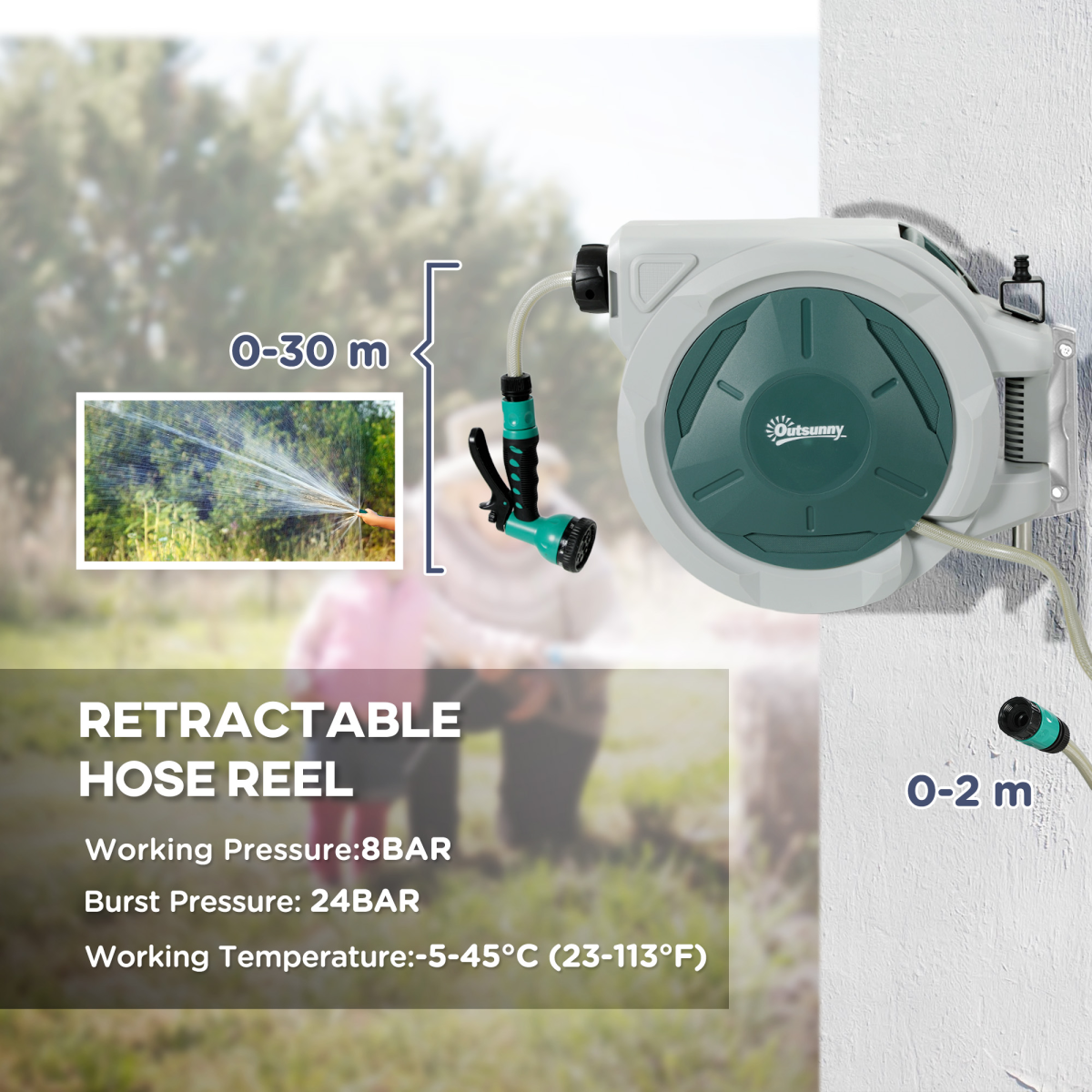 Outsunny 30m Retractable Hose Reel, Wall-Mounted with Lock & 180 Swivel - Grey