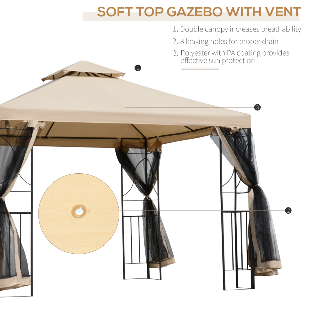 3x3m Outdoor Gazebo Tent W/Netting, 2-tier Roof