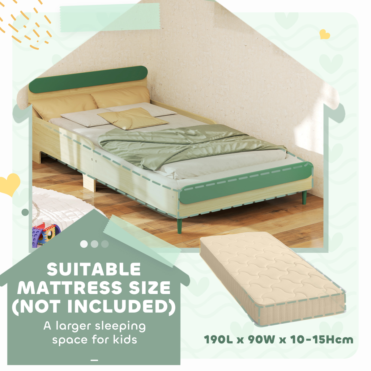 Toddler Bed with Safety Rails - Stylish Green Junior Bed for Kids