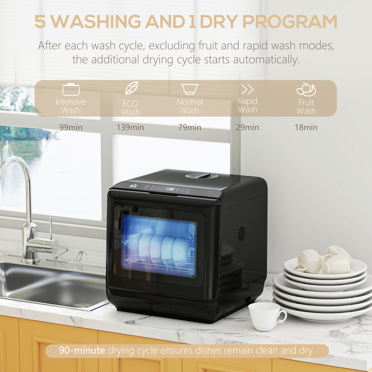 Countertop Dishwasher with Dual Water Supply and 6 Programs, Black