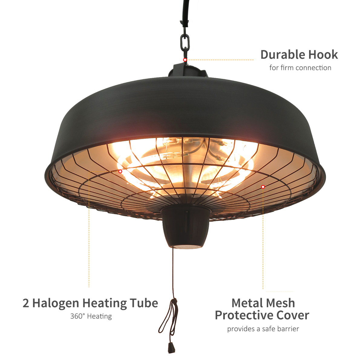 Versatile Halogen Infrared Heater - 1000/2500W Ceiling Hanging Warmth