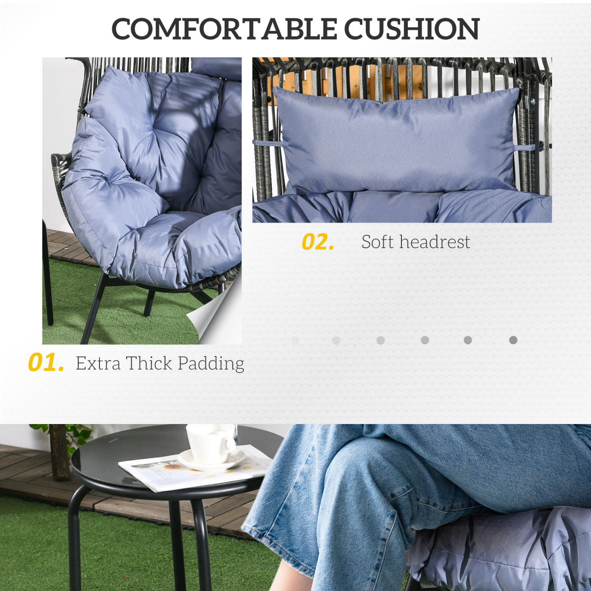 Rattan Leisure Chair with Cushion, Garden Egg Chair with Headrest, Grey