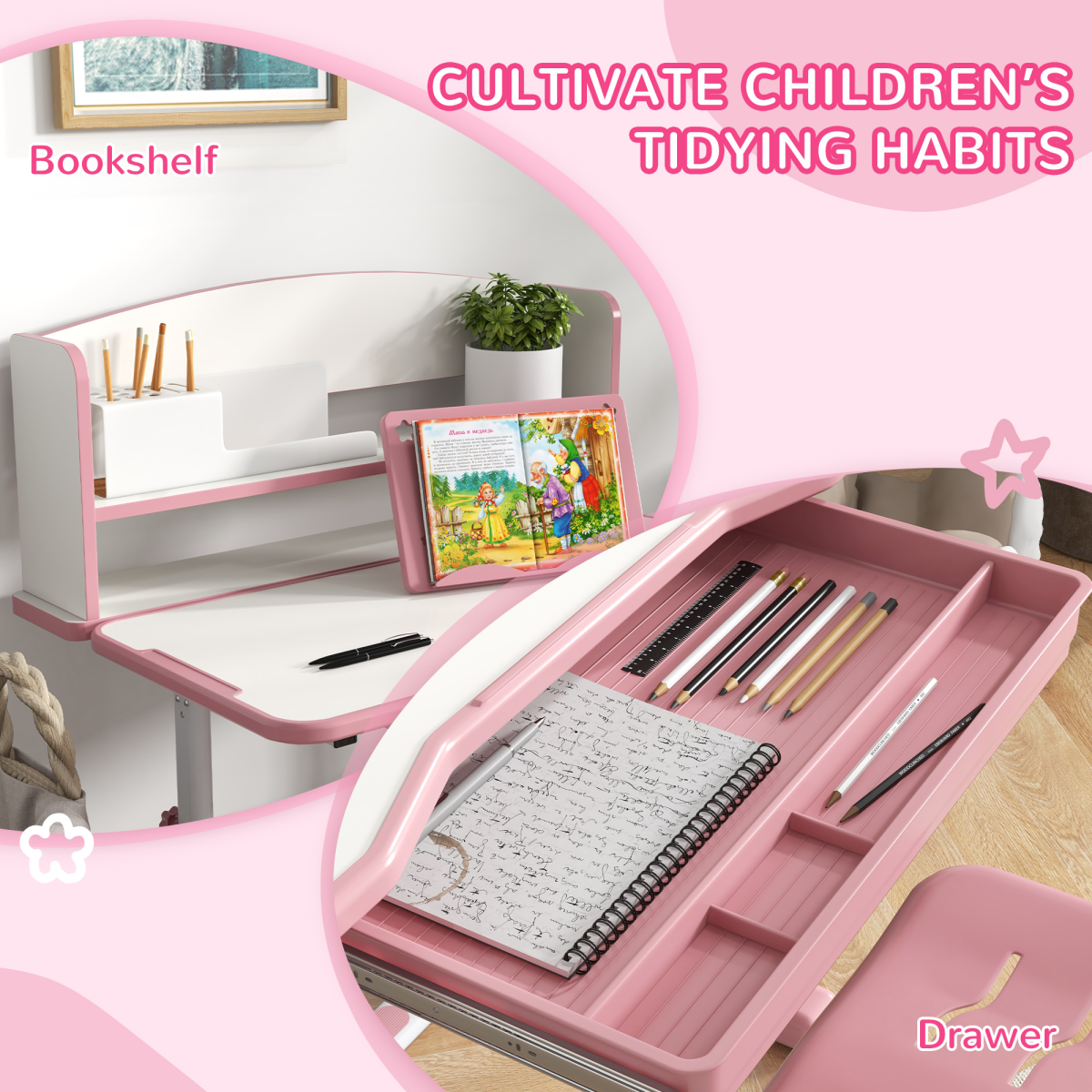 Kids Desk & Chair Set with Bookshelf - Pink, Ages 6-12