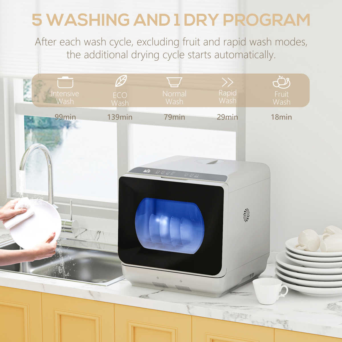 Worktop Dishwasher w/ 4 Place Settings 6 Programs, Silver Tone