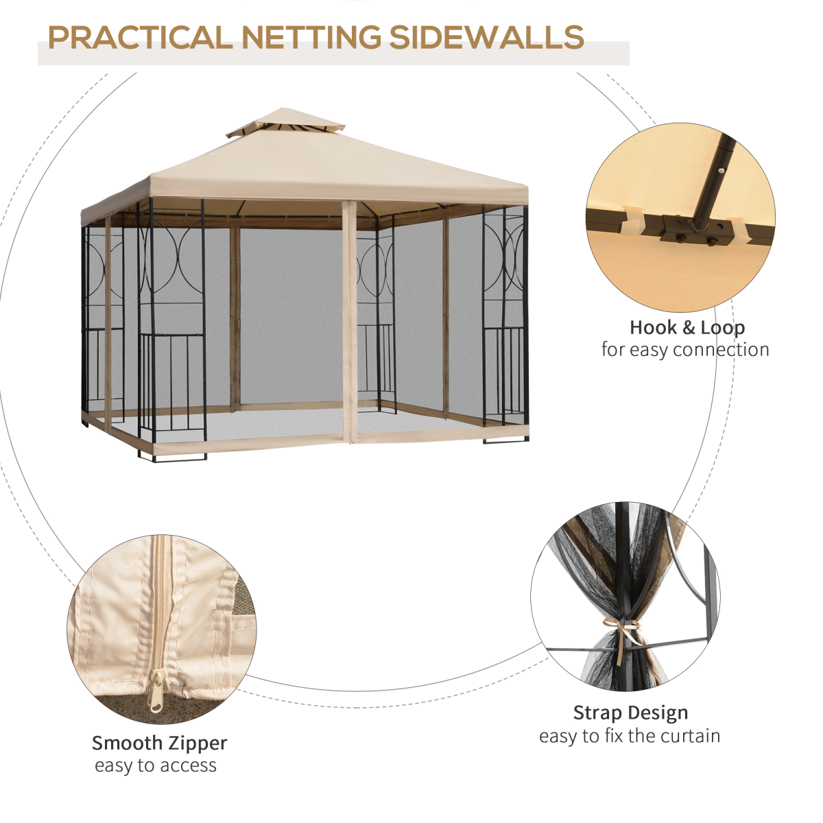 3x3m Outdoor Gazebo Tent W/Netting, 2-tier Roof