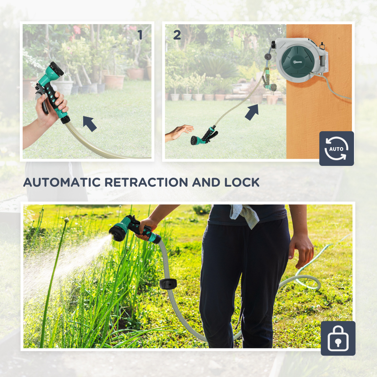 Outsunny 30m Retractable Hose Reel, Wall-Mounted with Lock & 180 Swivel - Grey