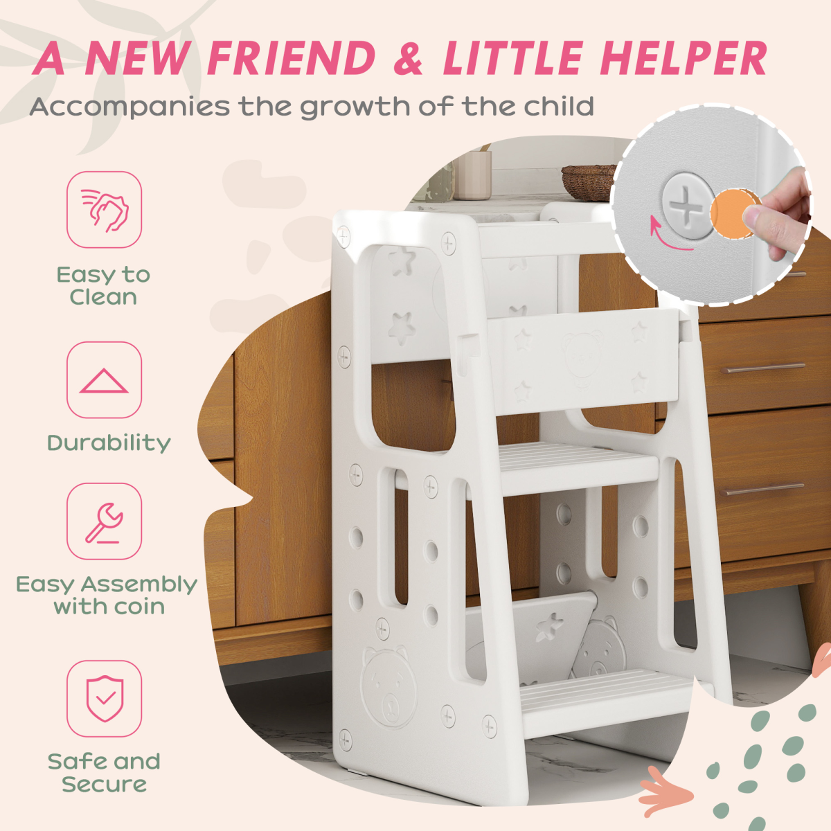 Adjustable Toddler Step Stool - Safe & Stylish Kitchen Helper for Kids
