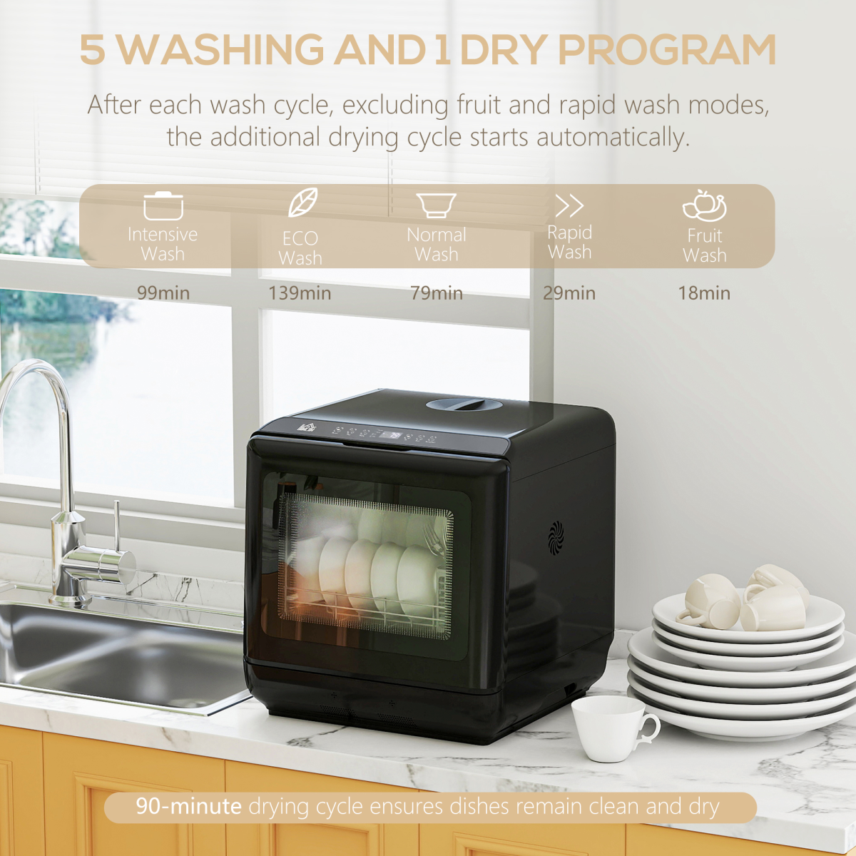 Countertop Dishwasher with Dual Water Supply and 6 Programs, Black
