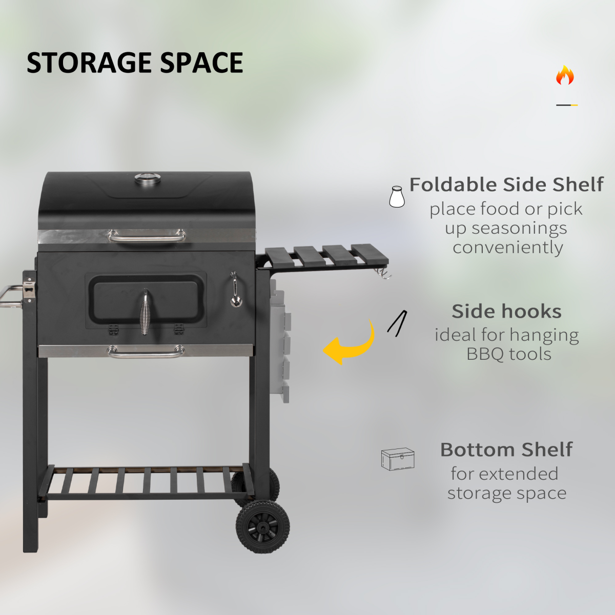 Charcoal Grill BBQ Trolley Wheels Shelf Side Thermometer Steel Black
