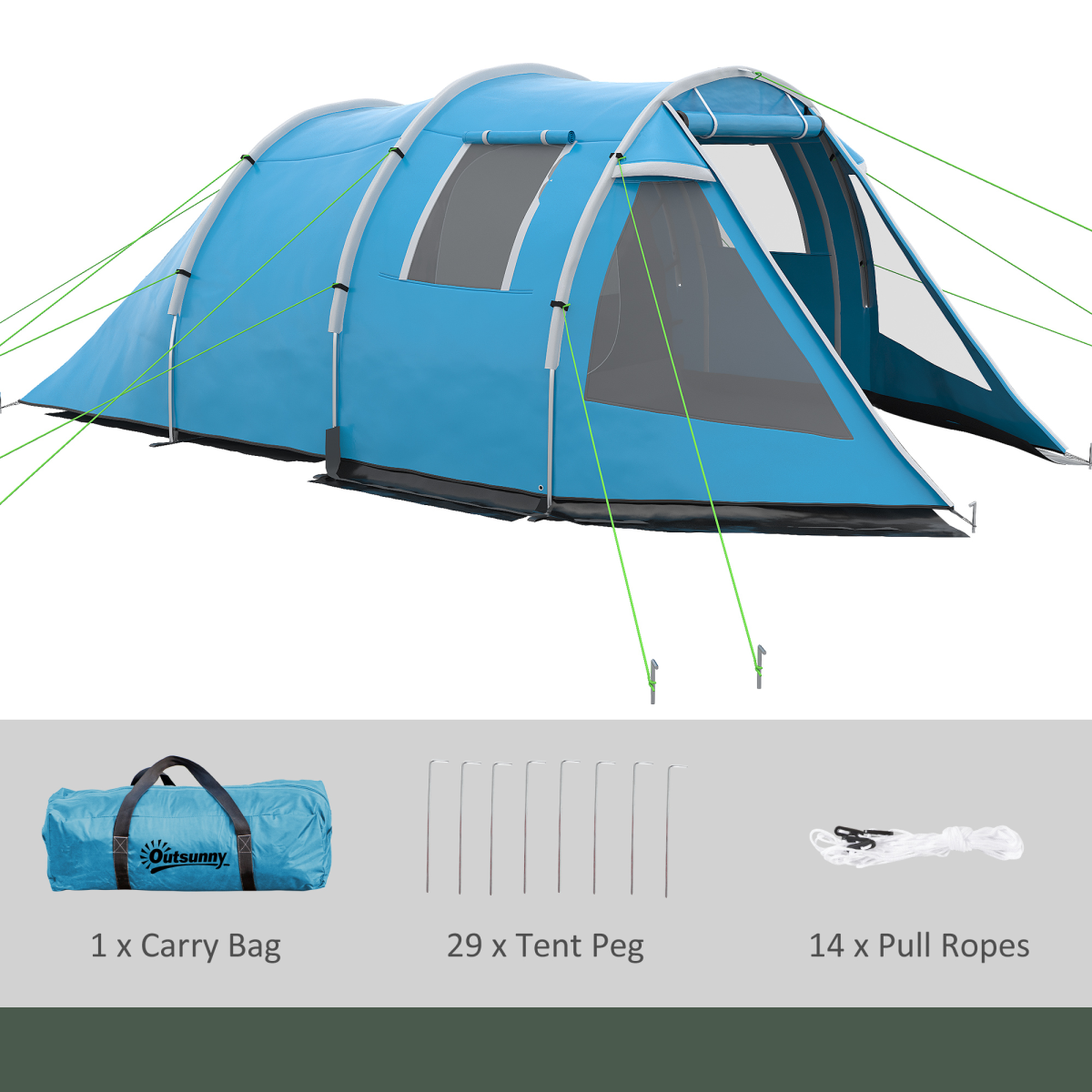 3-4 Person Dual Room Tunnel Tent with Ventilated Windows - Blue