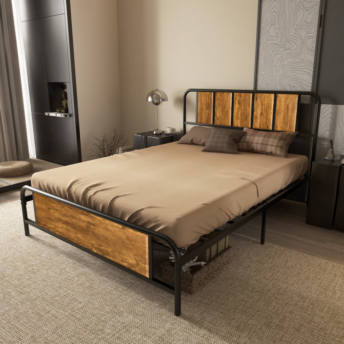 Industrial Steel Double Bed Frame with Headboard - Space-Saving Vintage Style