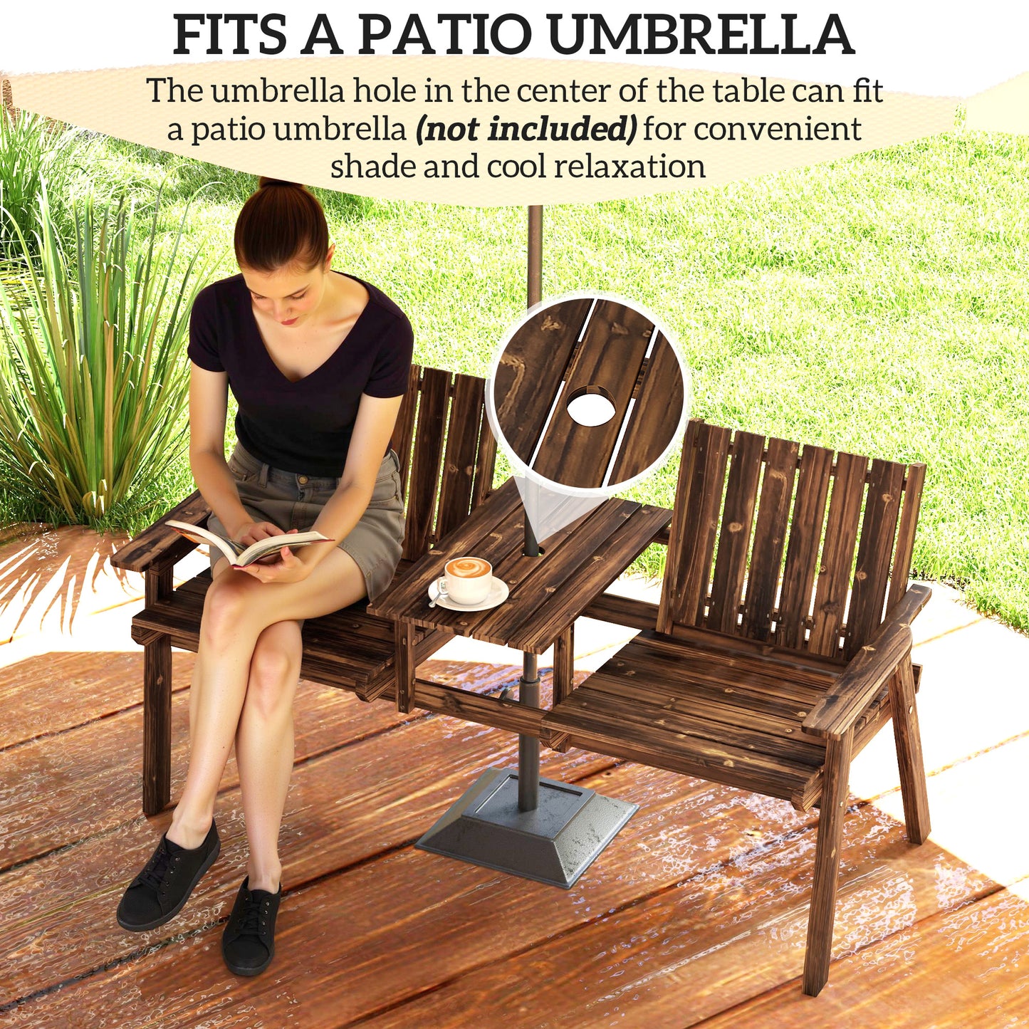 Dual-Seater Wooden Garden Bench with Central Table & Parasol Hole