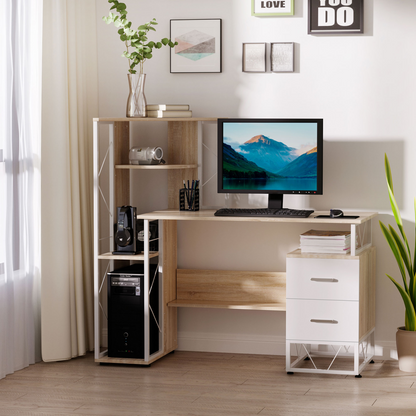 Elegant Oak & White Workstation Desk with 2 Drawers and Multi-Shelf Design