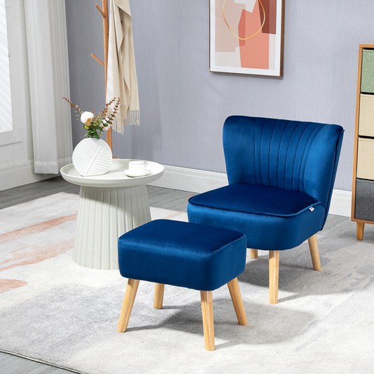 Luxurious Velvet Accent Chair & Ottoman Set - Dark Blue Comfort Redefined!
