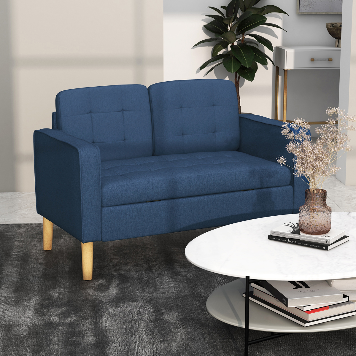 Compact Loveseat Sofa 2 Seater Sofa with Storage and Wood Legs Blue