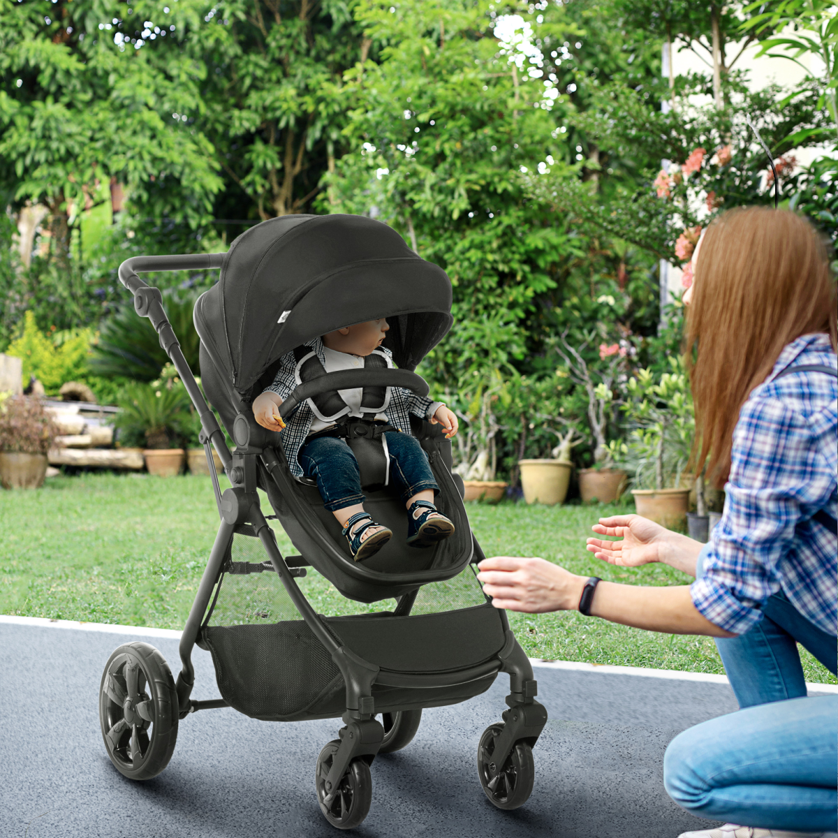 Versatile Foldable Baby Pushchair: Reclines, Compact & Lightweight Stroller – Black