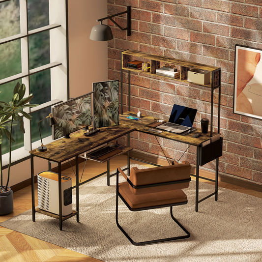 L-Shaped Reversible Corner Desk with USB Charging for Dual Use