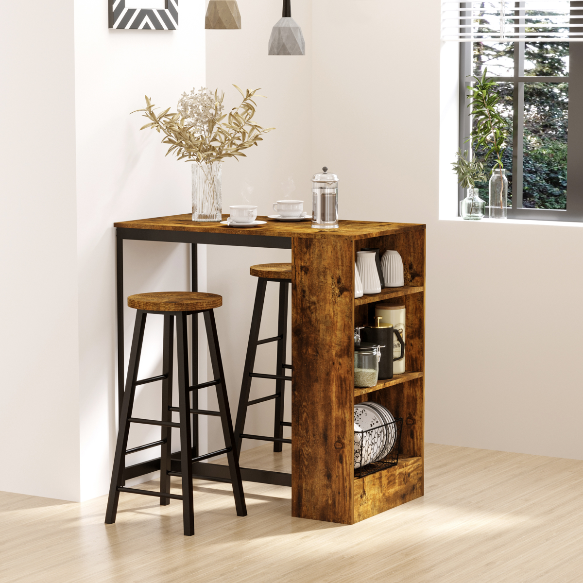 Compact 3-Piece Bar Table Set with Stools & Storage – Modern Industrial Design
