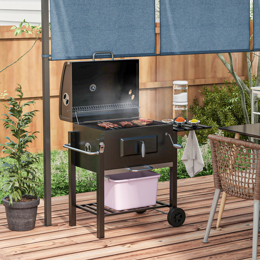 Charcoal Grill BBQ Trolley Wheels Shelf Side Thermometer Steel Black