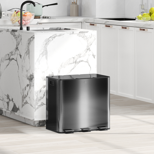 HOMCOM 3 x 15L Triple Kitchen Bin Pedal - Stainless Steel, Black