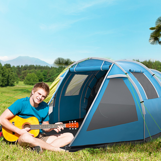 3-4 Person Dual Room Tunnel Tent with Ventilated Windows - Blue