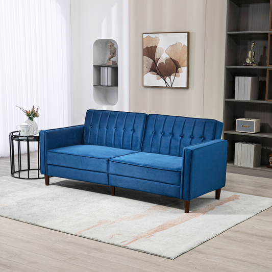 Convertible Sofa Futon Velvet-Touch Tufted Couch Sofa Bed Split Back Blue