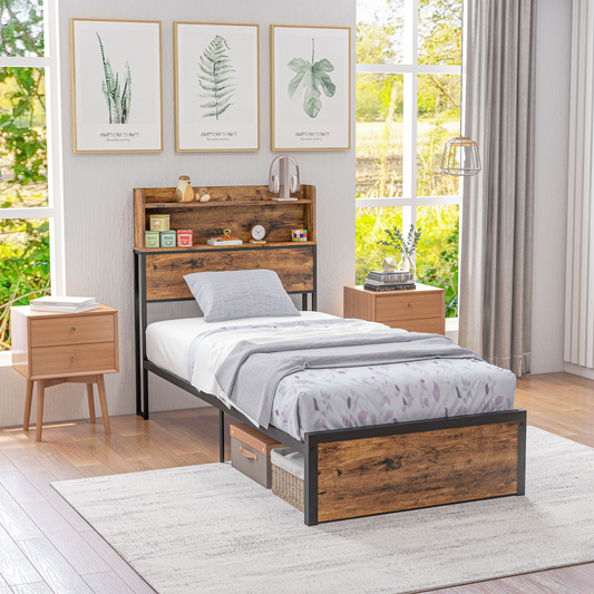 Industrial Chic Single Bed Frame with Storage Headboard & Under-Bed Space
