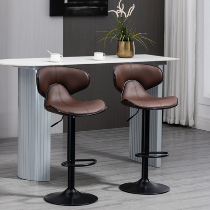 Set of 2 Gas Lift Bar Stools with Backrest, Footrest, Brown Faux Leather