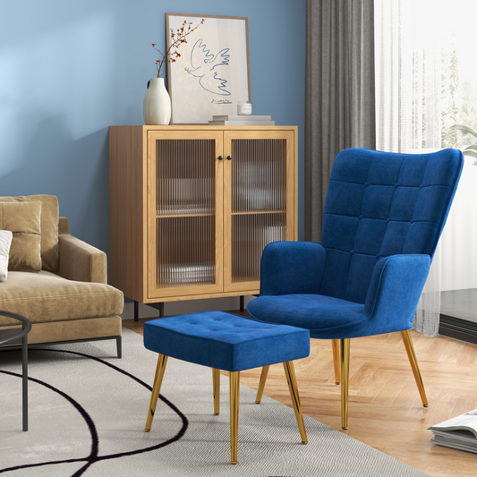 Opulent Velvet Tufted Armchair & Footstool with Gold Legs - Dark Blue