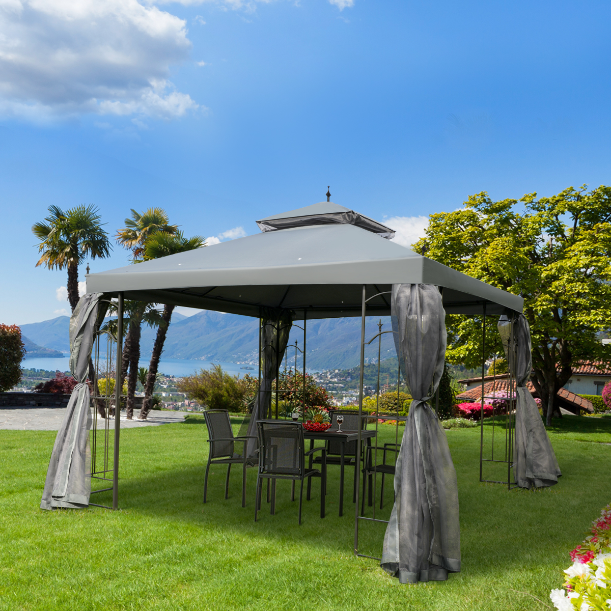 Garden Gazebo Double Top Gazebo Canopy w/ Curtains Grey 3 x 3(m)