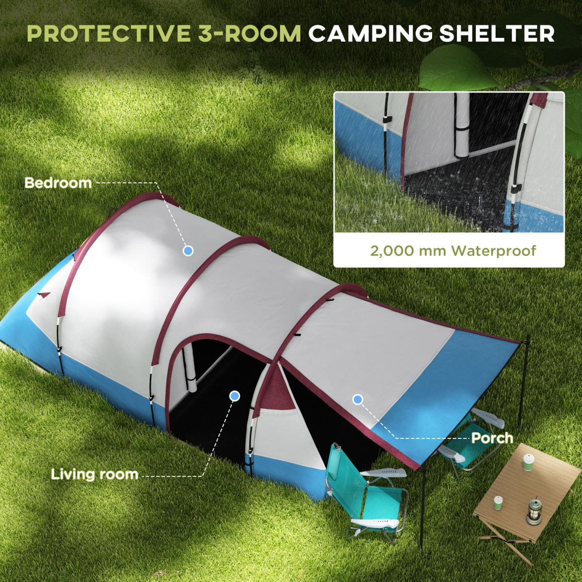 Outsunny 2-3 Person Family Camping Tunnel Tent with Living Room & Porch