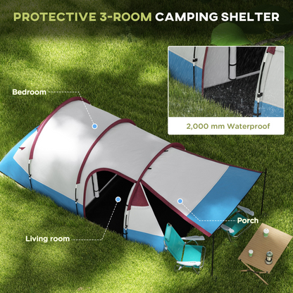 Outsunny 2-3 Person Family Camping Tunnel Tent with Living Room & Porch
