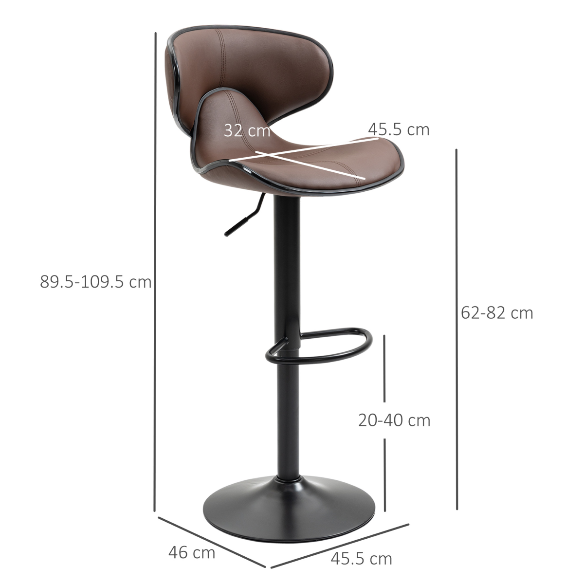 Set of 2 Gas Lift Bar Stools with Backrest, Footrest, Brown Faux Leather