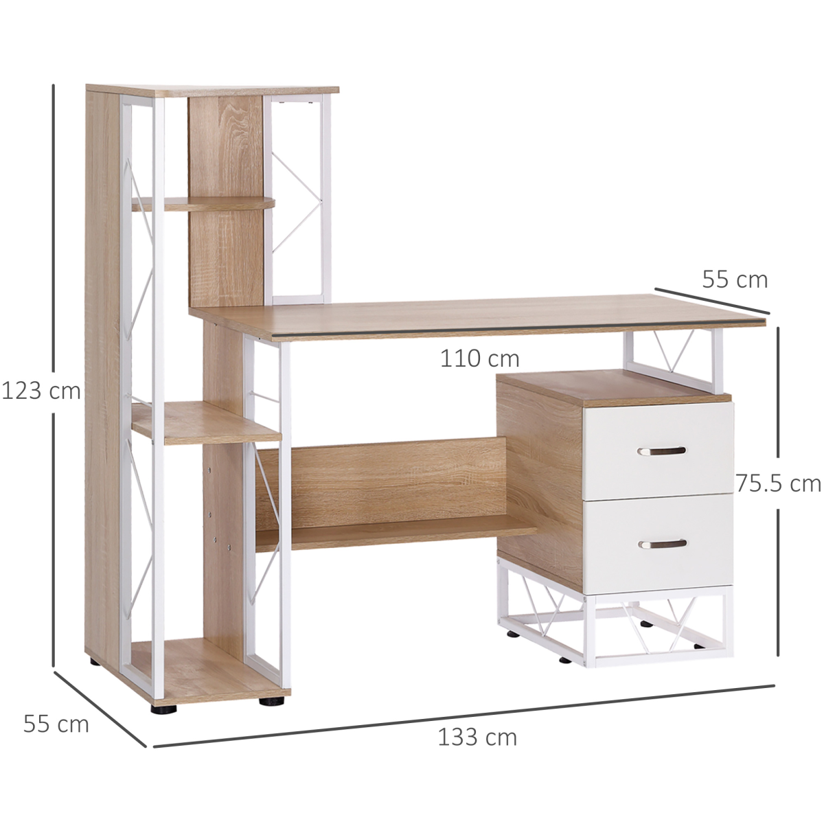 Elegant Oak & White Workstation Desk with 2 Drawers and Multi-Shelf Design