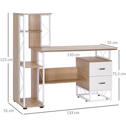 Elegant Oak & White Workstation Desk with 2 Drawers and Multi-Shelf Design