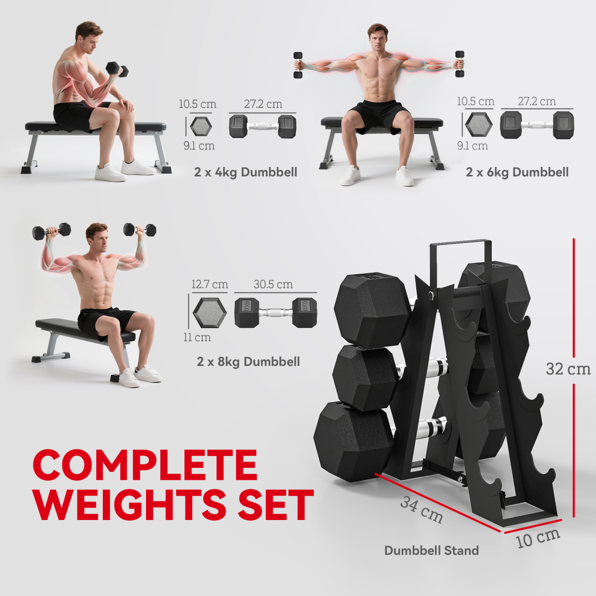 36KG Hex Dumbbell Set with Rack - Versatile Strength & Floor Protection!
