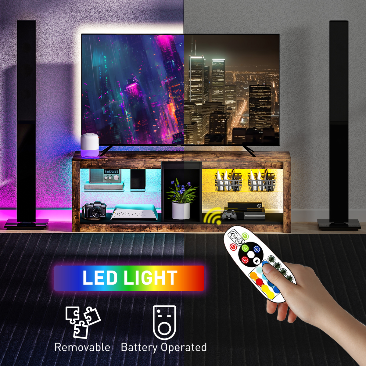 HOMCOM Rustic TV Stand with 7-Color LED Lights, 140cm Top (65in)