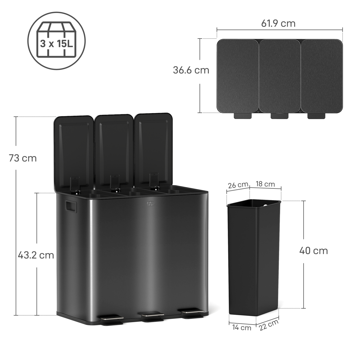HOMCOM 3 x 15L Triple Kitchen Bin Pedal - Stainless Steel, Black