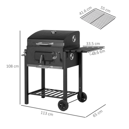 Charcoal Grill BBQ Trolley Wheels Shelf Side Thermometer Steel Black